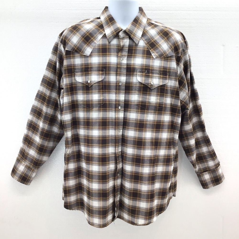 Ely Cattleman Mens Brown Plaid Snap Button Shirt